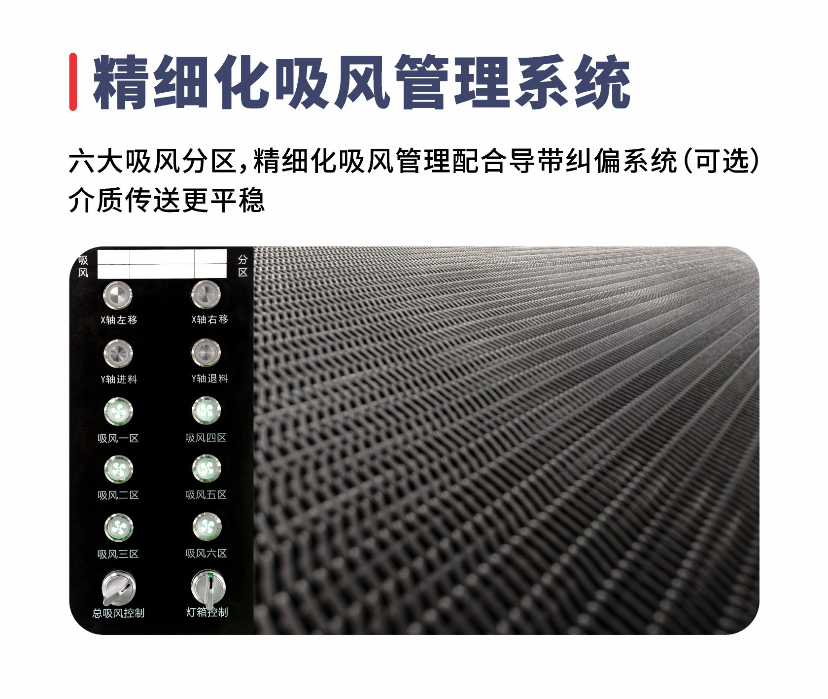 精细化吸风管理系统 六大吸风分区，精细化吸风管理配合导带纠偏系统（可选） 介质传送更平稳 分区 吸风 X轴右移 X轴左移 Y轴退料 Y轴进料 吸风四区 吸风一区 吸风五区 吸风二区 吸风六区 吸风三区 灯箱控制 总吸风控制
