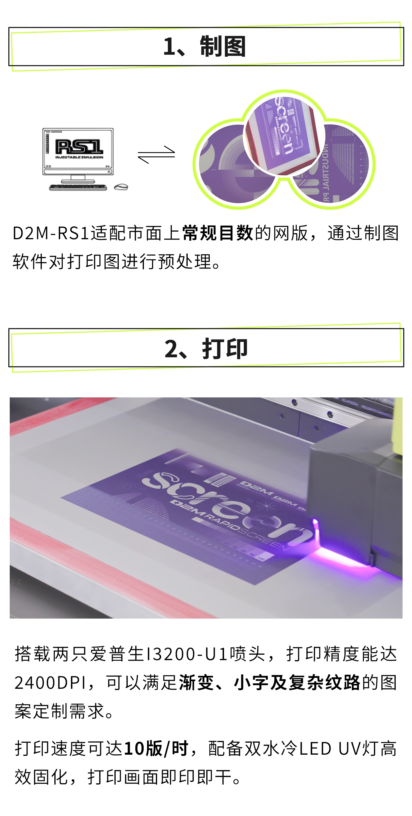 D2M-RS1可以满足渐变、小字及复杂纹路的图案定制需求，打印速度可达10版/时